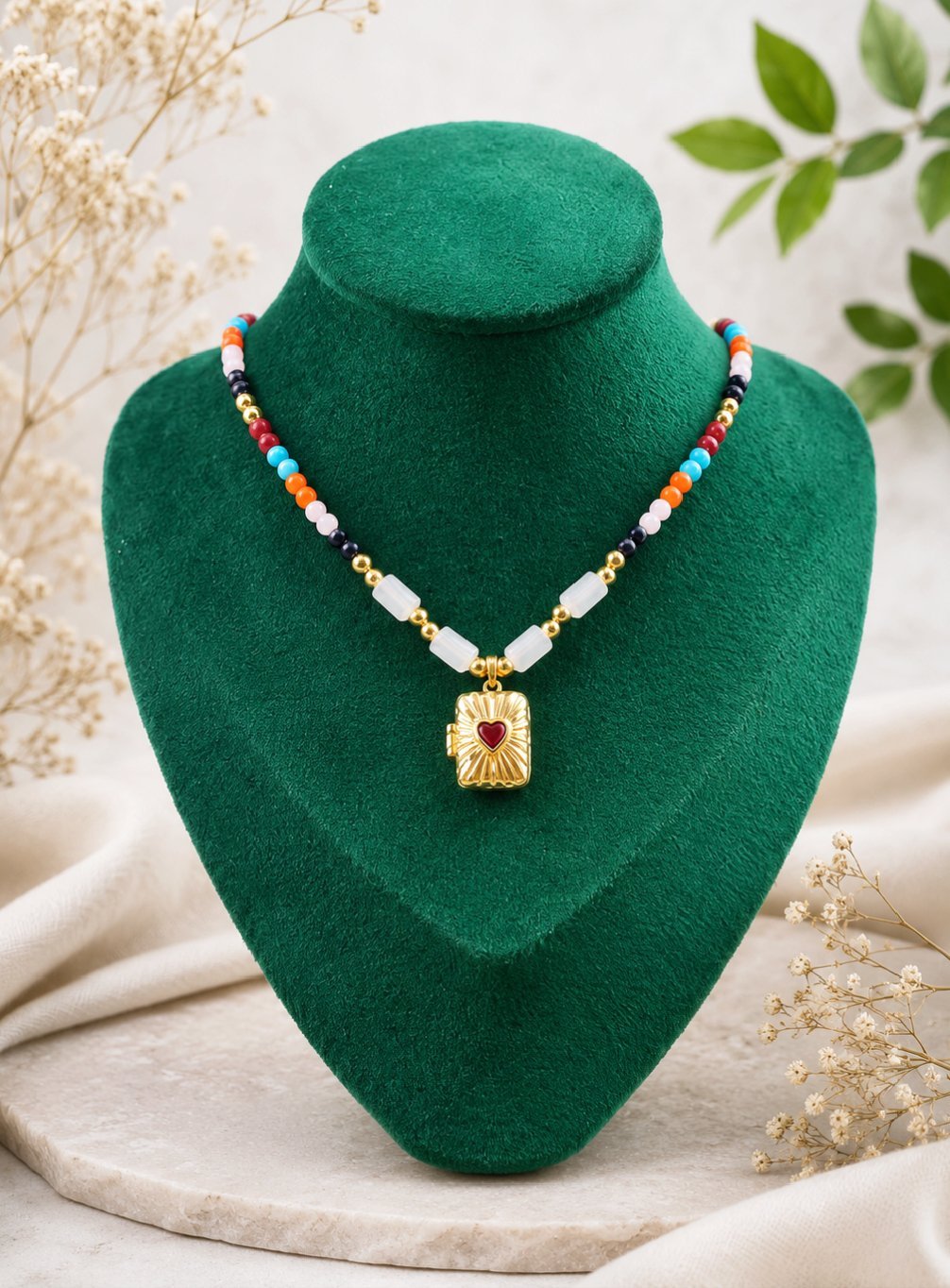 MJ Heart Locket Beaded Necklace