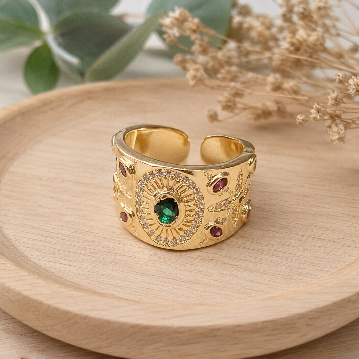 MJ Gold-Plated Emerald Halo Ring