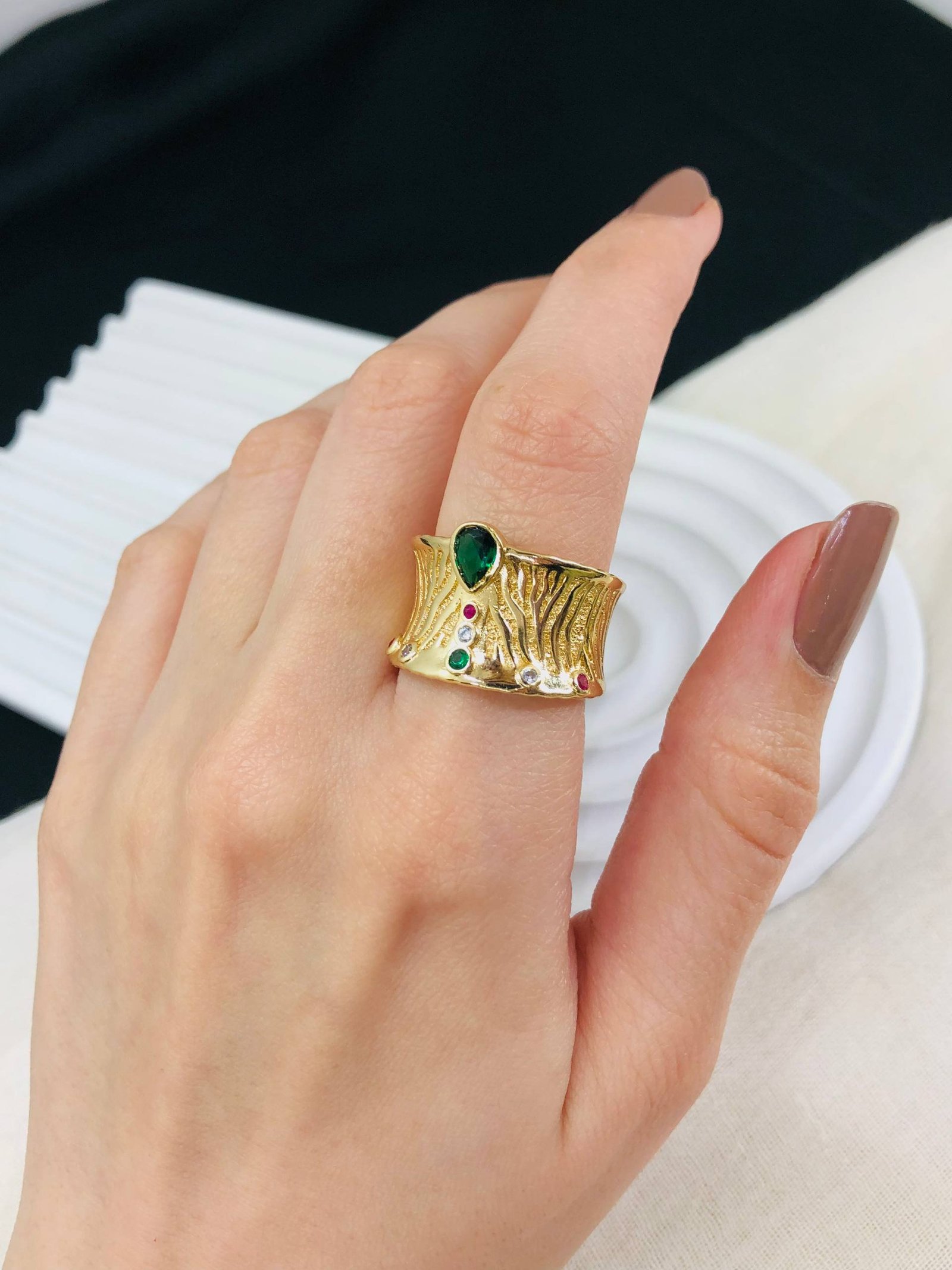 MJ Gold-Plated Emerald Wave Ring (size 18)