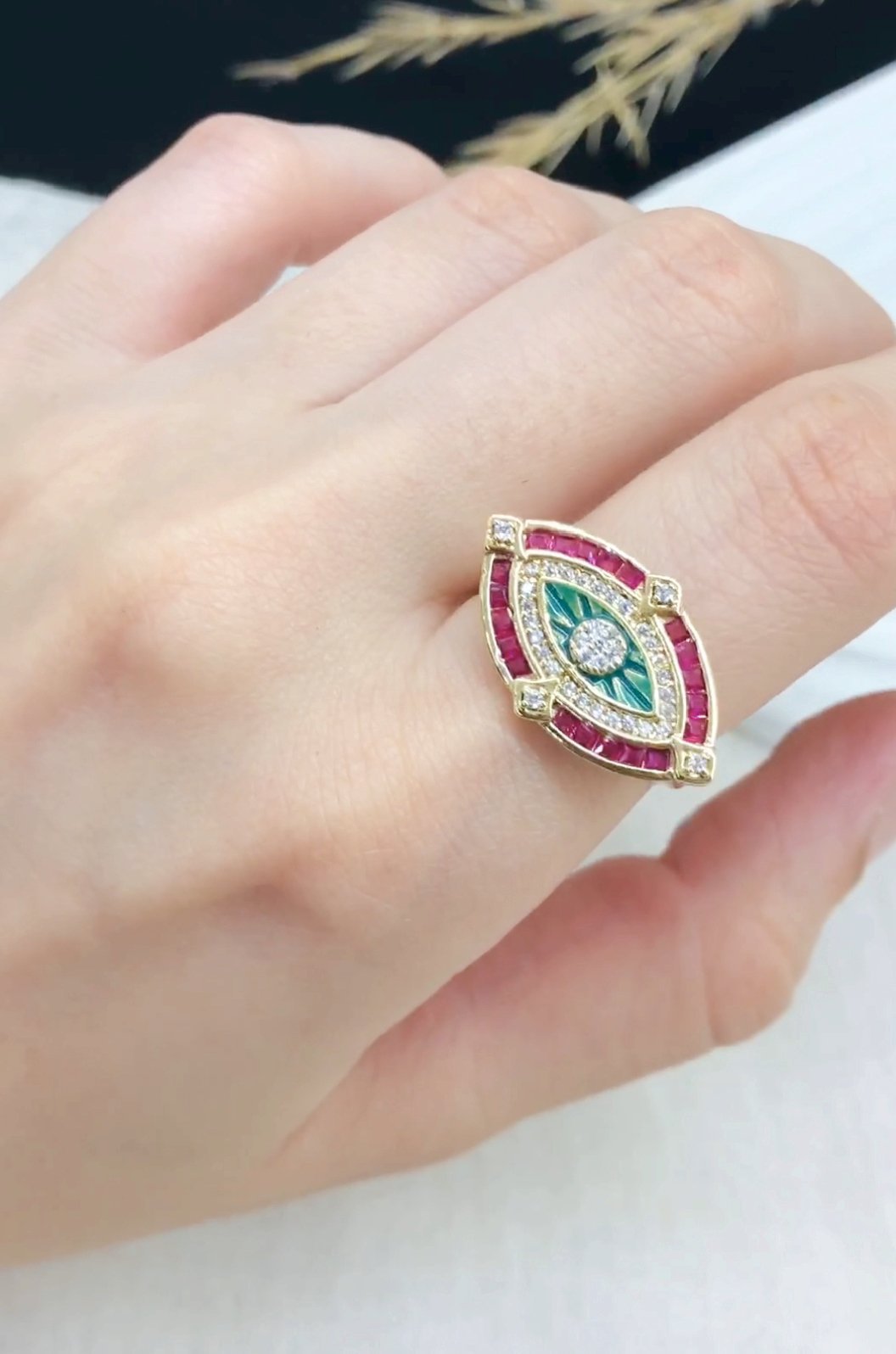 MJ Gold-Plated Eye Gemstone Ring - Image 2