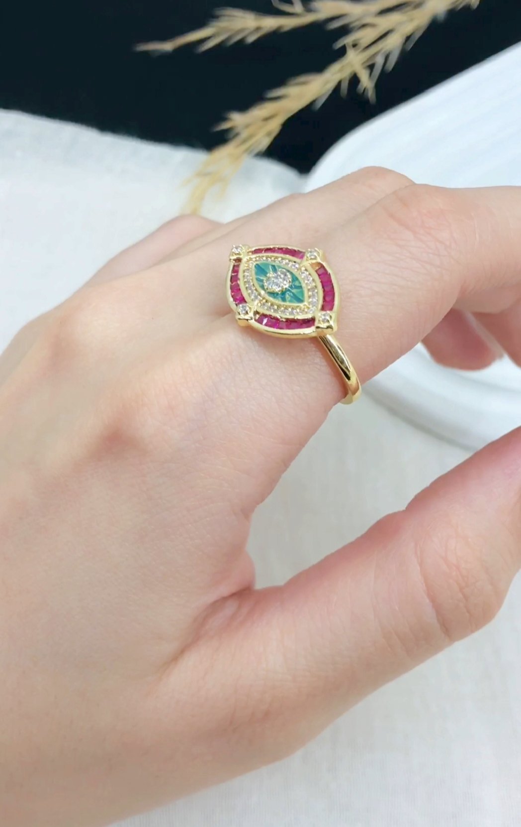 MJ Gold-Plated Eye Gemstone Ring - Image 3